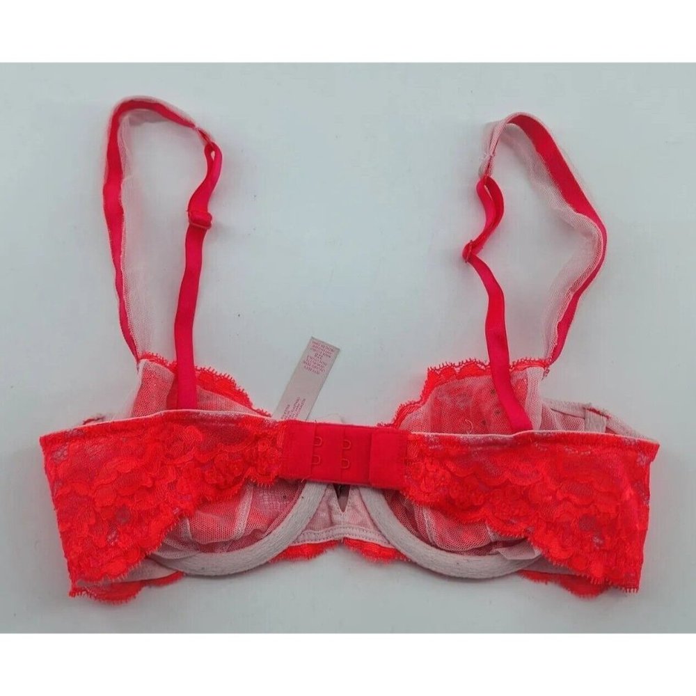Victoria’s Secret Very Sexy Unlined Demi Neon Pink Sheer Lace Bra Size 32B - Picture 5 of 9